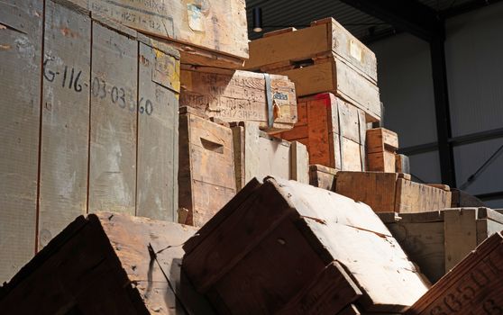 Overloon, the Netherlands on july 30, 2020: Stacks of old military ammunition boxes from WW2