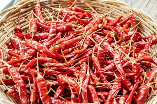 Close-up group of red dried peppers in a wicker basket.