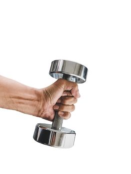 Men hand holding a dumbbell isolated on white background, with clipping path.