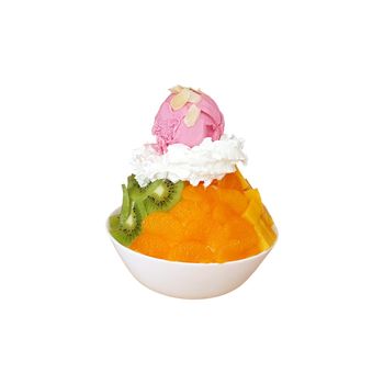 Ice cream topped with ripe mango, orange and kiwi isolated on white background.