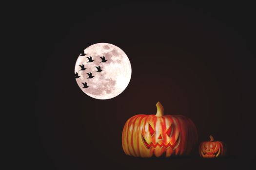 Halloween pumpkins at night under the full moon in the forest.