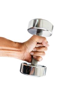 Men hand holding a dumbbell isolated on white background, with clipping path.