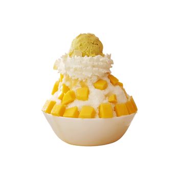 Ice cream topped with ripe mango isolated on white background.