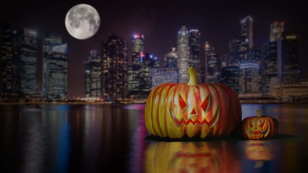 Halloween pumpkins at night under the full moon with the city night background.