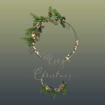 Christmas greeting card. Xmas design of sparkling lights garland, with realistic wreath. Christmas poster, greeting cards, headers, website. 3D illustration