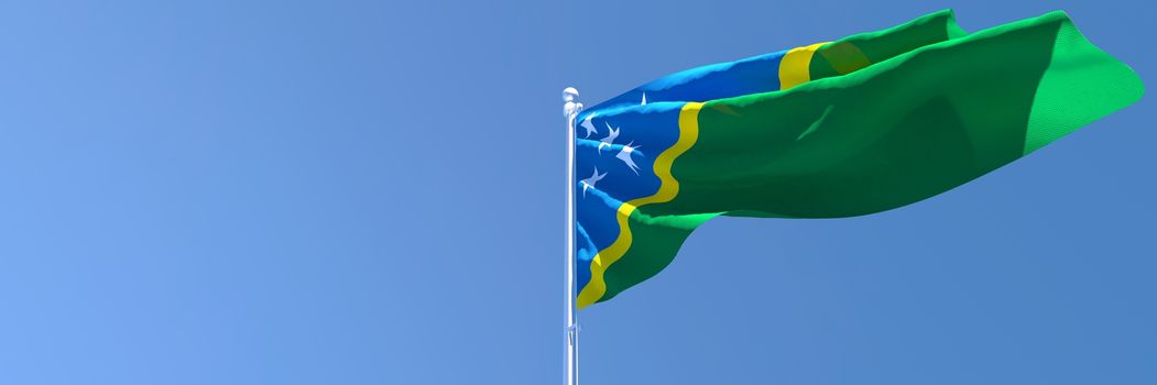 3D rendering of the national flag of Solomon Islands waving in the wind against a blue sky