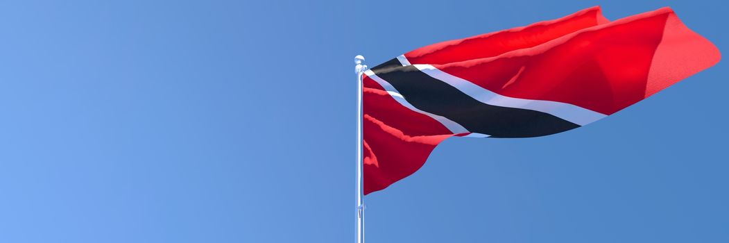 3D rendering of the national flag of Trinidad and Tobago waving in the wind against a blue sky