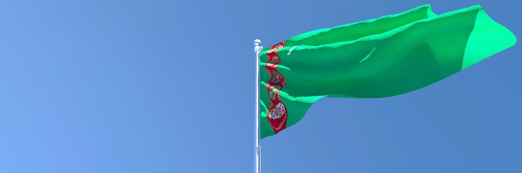 3D rendering of the national flag of Turkmenistan waving in the wind against a blue sky