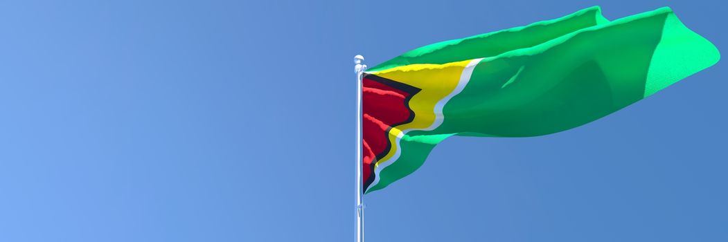 3D rendering of the national flag of Guyana waving in the wind against a blue sky