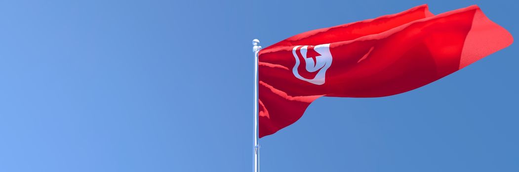 3D rendering of the national flag of Tunisia waving in the wind against a blue sky