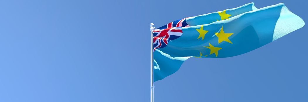 3D rendering of the national flag of Tuvalu waving in the wind against a blue sky