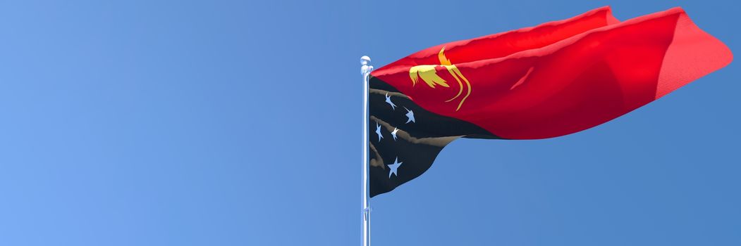 3D rendering of the national flag of Papua new Guinea waving in the wind against a blue sky