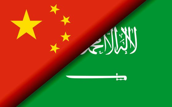Flags of the China and Saudi Arabia divided diagonally. 3D rendering
