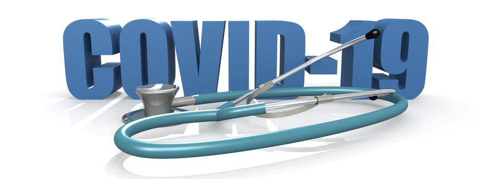 Blue stethoscope with COVID-19 word, 3D rendering