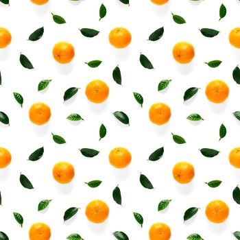 Mandarin seamless pattern, tangerine, clementine isolated on white background with green leaves. Collection of fine Mandarine seamless patterns.