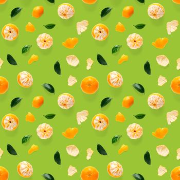 Mandarin seamless pattern, tangerine, clementine isolated on green background with green leaves. Collection of fine Mandarine seamless patterns.