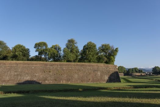 Grass in front of the fortress wall in Lucca. Italy