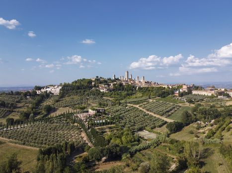 Aerial vie of themedieval skyline of San Gimignano in tuscany, Italy.