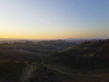 Last sun rays of the day on hills around Perugia in Umbria, Italy