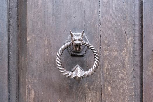 Antique door knocker on wooden door. Vintage, retro background