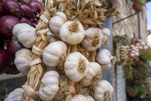 a bundle of dried garlic hanging outside on a wall in italy