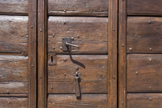 Classic painted wooden door with bronze handles in Paris