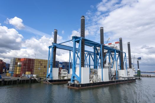 Floating dry dock with cranes in the port of rotterdam, the Netherlands.