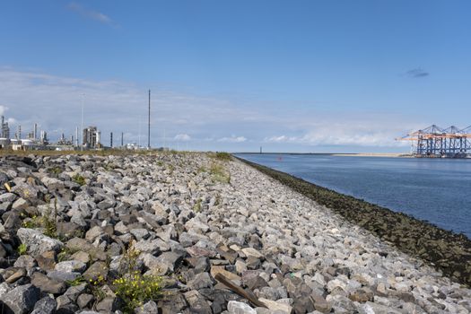 The North Sea coast in Zealand, Netherlands. Dutch landscape with view on the dike protects against flooding