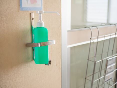 Pump bottle for hand sanitizer in hospital For hygiene During the outbreak of the coronavirus. Health care and sanitary concept.