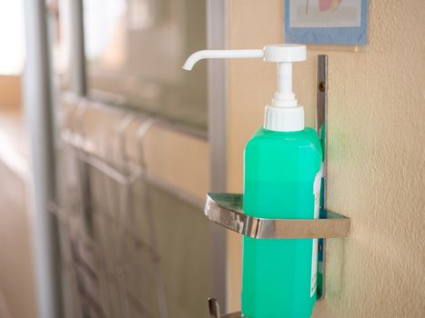 Pump bottle for hand sanitizer in hospital For hygiene During the outbreak of the coronavirus. Health care and sanitary concept.