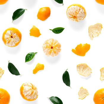 Mandarin seamless pattern, tangerine, clementine isolated on white background with green leaves. Collection of fine Mandarine seamless patterns.