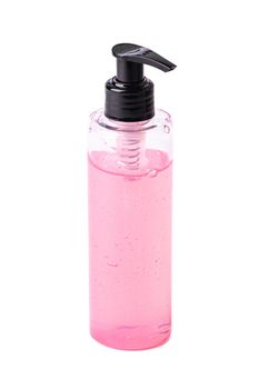 Face washing pink gel for face makeup clean, liquid soap in plastic dispenser bottle, beauty body care concept, isolated
