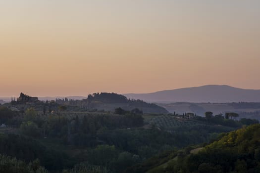 Landscape in Tuscany at sunset in summertime