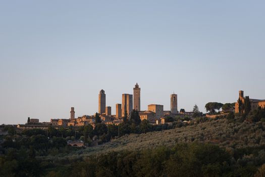 San Giminiano, Tuscany, Italy. A panorama view at sunrise