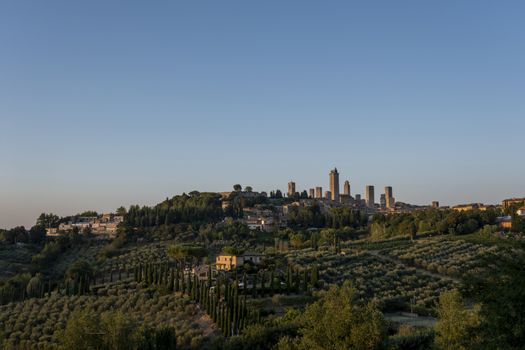San Giminiano, Tuscany, Italy. A panorama view at sunrise