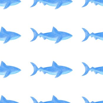 Blue sharks seamless pattern. Digital illustration. Can be used wrapping paper, fabric, wallpaper. Stock image.