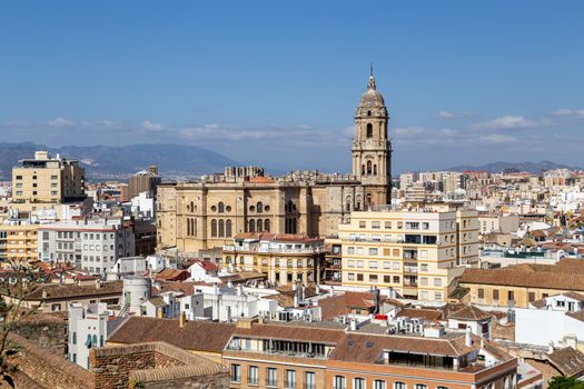 Malaga, Spain - May 25, 2019: High angle view of the cathedral in the historic city centre.