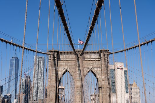 Famous view of the historic Brooklyn Bridge in New York City.