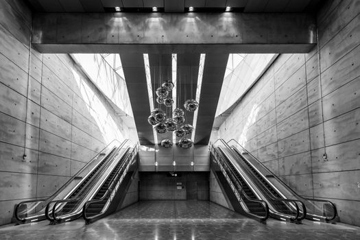 Malmo, Sweden - April 20, 2019: Interior view of Triangeln Station in black and white