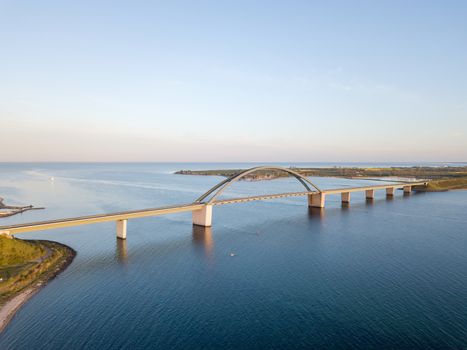 Fehmarn, Germany - May 11, 2019: Aerial drone view of the Fehmarn Bridge