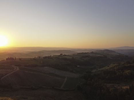 Amazing sunset panoramic view of towers of old town San Giminiano, Tuscany, Italy.