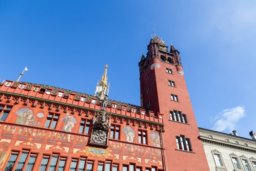 Basel, Switzerland - March 10, 2019: The historic red town hall in the city center. The City Hall is the seat of the Basel government and its parliament.