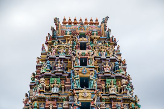 Trincomalee, Sri Lanka - August 23, 2018:Carvings on the roof of the Hindu Temple Pathirakali Amman