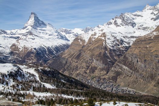 View of the famous Matterhorn and Zermatt in the Swiss Alps