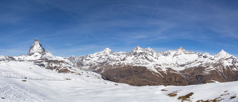 Panoramic view of the Swiss Alps with the famous Matterhorn.