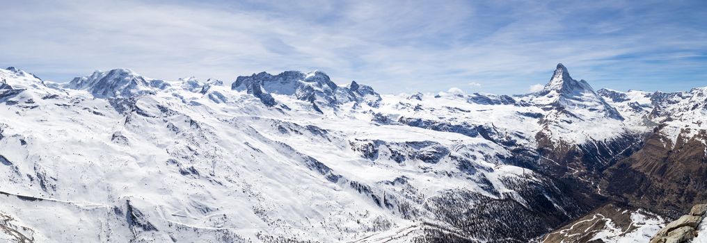 Panoramic view of the Swiss Alps with the famous Matterhorn