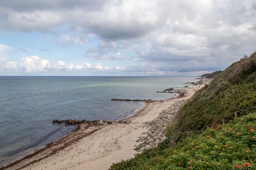 Tisvilde, Denmark - September 16, 2017: View of the coastline with breakwaters