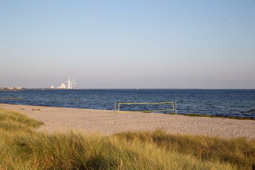 An empty beach volleyball field on Ishoj beach south of Copenhagen.