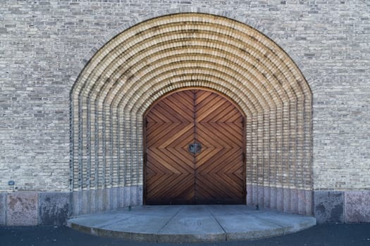 Copenhagen, Denmark - April 11, 2016: Entrance portal to Grundtvigs Church