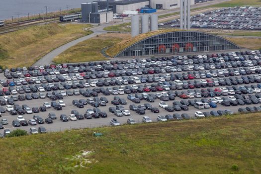 Copenhagen, Denmark - July 18, 2017: Aerial view of a parking lot at Copenhagen airport